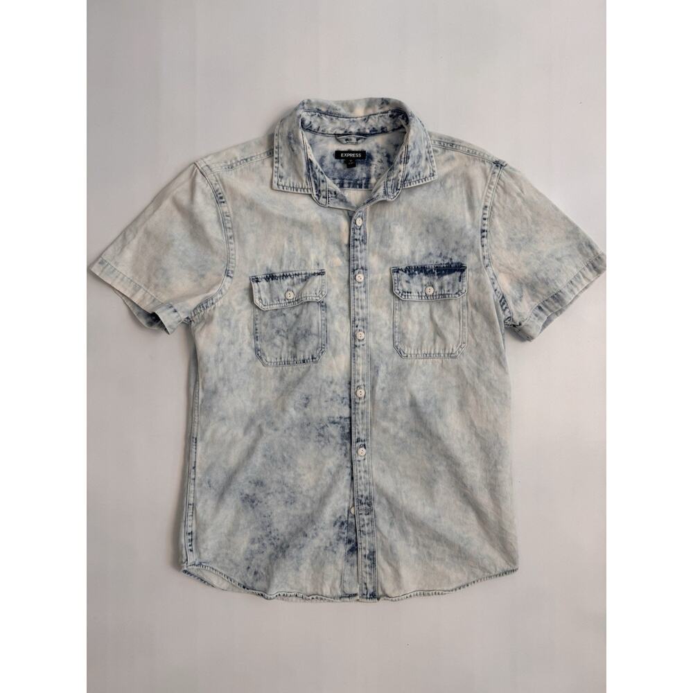 Express Mens Acid Wash Denim Short Sleeve Button Up Shirt Light Blue Size M